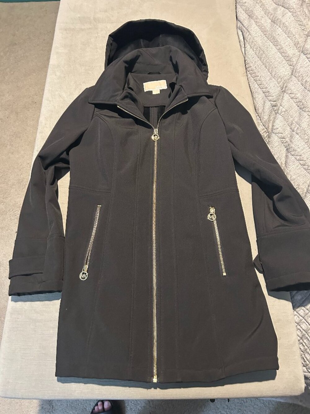 MICHAEL KORS Softshell Jacket Black Gold Zipper Charm Hooded Size S